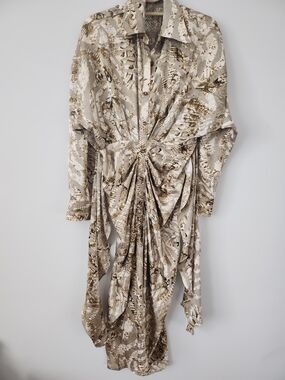 MARBLE Neutral Beige & Brown Asymmetrical Twist Dress